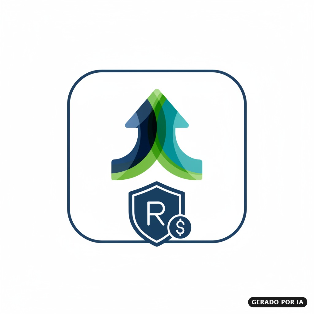 Logotipo em formato quadrado com bordas arredondadas exibindo setas verdes e azuis apontando para cima e um escudo azul com a letra R e o símbolo de cifrão na parte inferior. (gerado por IA)
