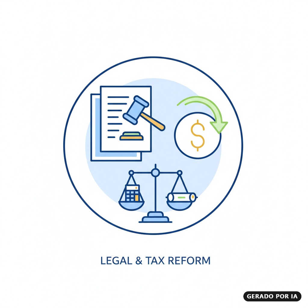 Ilustração em formato de ícone circular com documentos, um martelo de juiz, uma balança e um símbolo de dólar com uma seta verde ao redor, acompanhados pelo texto "LEGAL & TAX REFORM". (gerado por IA)
