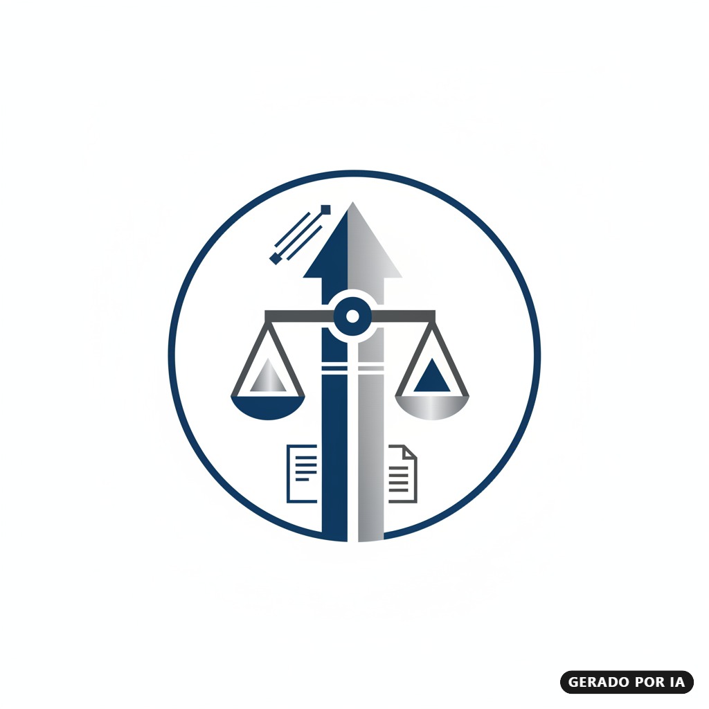 Logotipo circular com uma balança de justiça sobreposta a uma seta apontada para cima, em tons de azul e cinza. (gerado por IA)